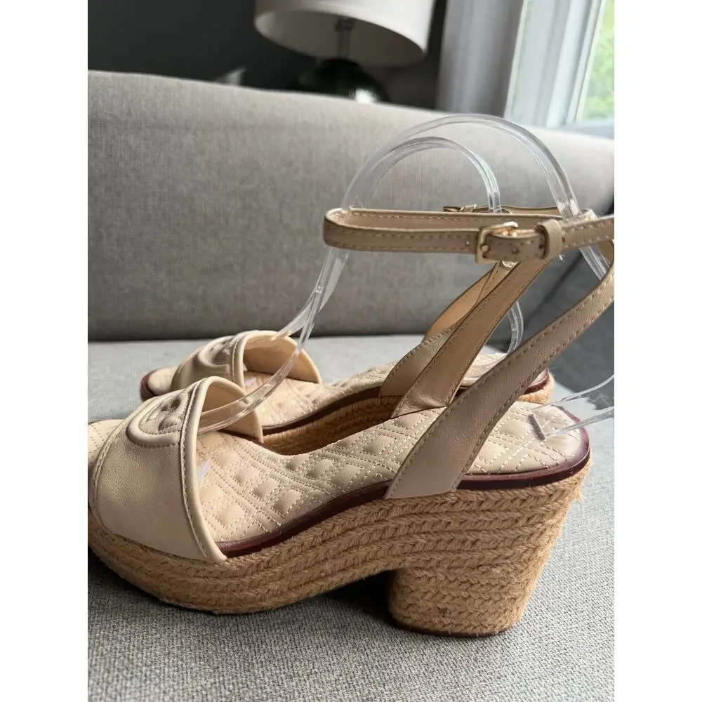 Tory Burch Fleming Nappa Leather Platform Espadrille Wedge Sandals Cream Sz 8.5